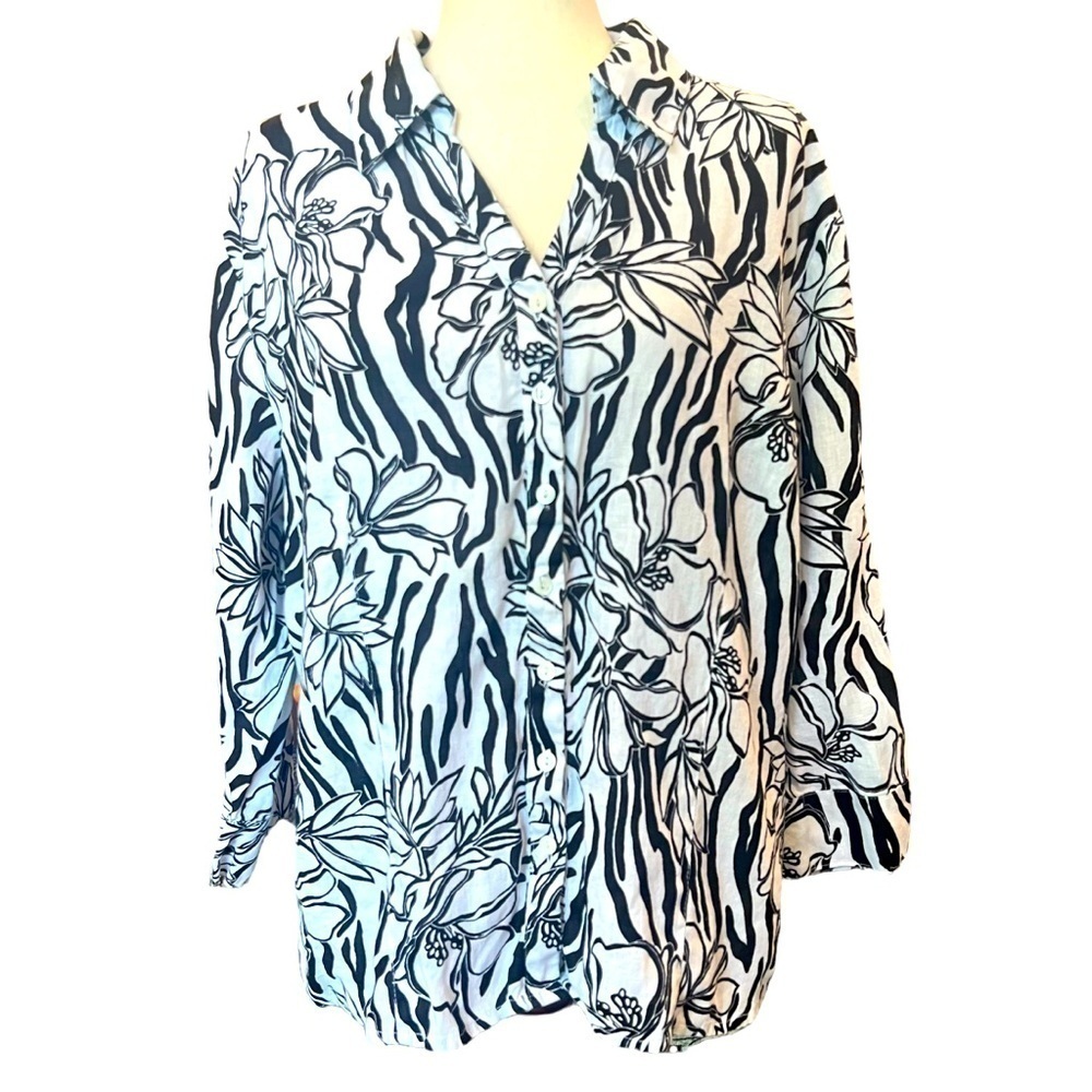 100% Linen Floral Zebra Button Up Top Sz 18 2X Tropical Vacation Artsy Hawaiian